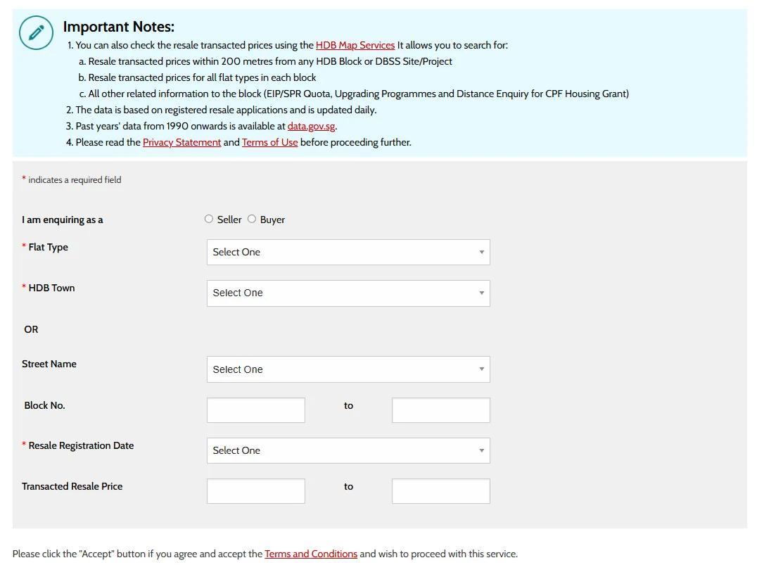 Singapore HDB resale price check portal showing transaction data for a specific block