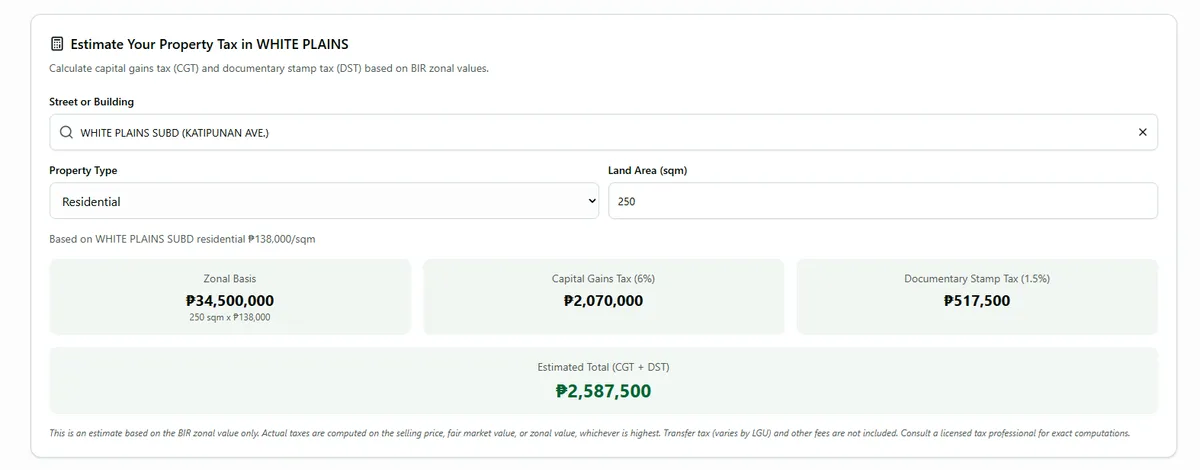 Ren.ph zonal value calculator showing White Plains, Quezon City with residential zonal value of PHP 138,000 per square meter